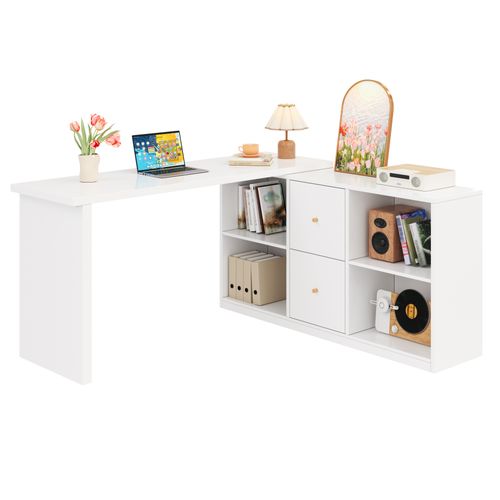 Bureau D'angle L 130x120x78cm, Montable Des 2 Côtés, 2 Tiroirs, 4 Niches, Mdf, Blanc