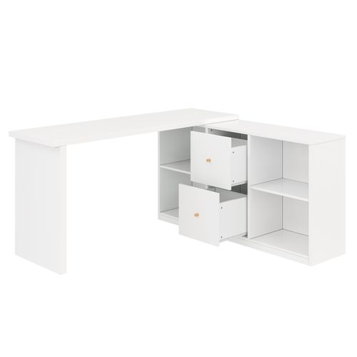 Bureau D'angle L 130x120x78cm, Montable Des 2 Côtés, 2 Tiroirs, 4 Niches, Mdf, Blanc