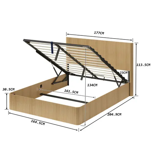 Lit Coffre 160x200cm, Avec Levage Hydraulique, Conception De Rainure, Mdf Et Métal, Chêne Clair