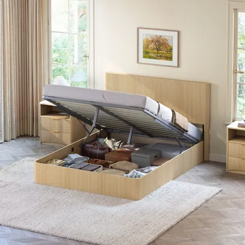 Lit Coffre 160x200cm, Avec Levage Hydraulique, Conception De Rainure, Mdf Et Métal, Chêne Clair