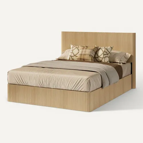 Lit Coffre 160x200cm, Avec Levage Hydraulique, Conception De Rainure, Mdf Et Métal, Chêne Clair