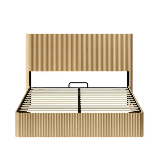 Lit Coffre 160x200cm, Avec Levage Hydraulique, Conception De Rainure, Mdf Et Métal, Chêne Clair