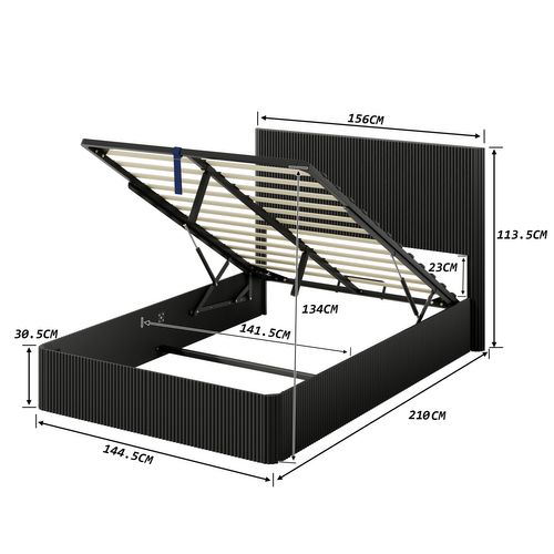 Lit Coffre Adulte 140x200cm, Avec Levage Hydraulique, Conception De Rainure, Mdf Et Métal, Noir