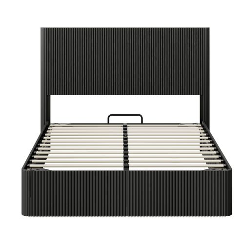 Lit Coffre Adulte 140x200cm, Avec Levage Hydraulique, Conception De Rainure, Mdf Et Métal, Noir
