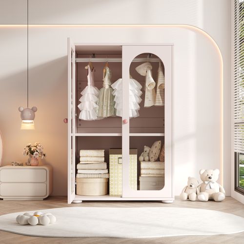 Armoire Pour Enfants 2 Portes 80x50x120cm, Avec Cintre, Porte En Acrylique Transparent, Rose Bébé