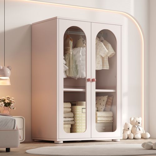 Armoire Pour Enfants 2 Portes 80x50x120cm, Avec Cintre, Porte En Acrylique Transparent, Rose Bébé