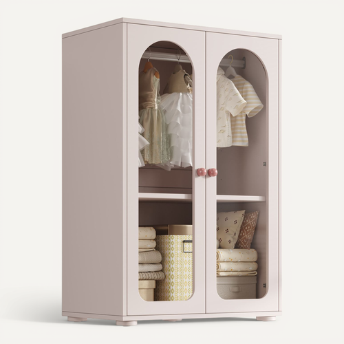 Armoire Pour Enfants 2 Portes 80x50x120cm, Avec Cintre, Porte En Acrylique Transparent, Rose Bébé