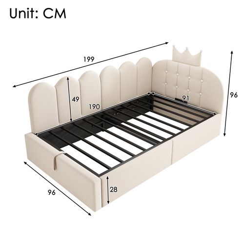 Lit Coffre Enfant 90x190 Cm En Velours Beige, Design Couronne Et Grille, Sommier Inclus