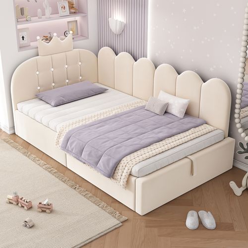 Lit Coffre Enfant 90x190 Cm En Velours Beige, Design Couronne Et Grille, Sommier Inclus
