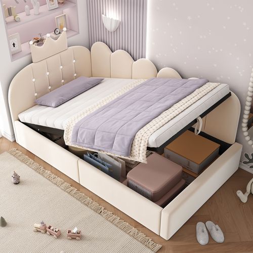 Lit Coffre Enfant 90x190 Cm En Velours Beige, Design Couronne Et Grille, Sommier Inclus