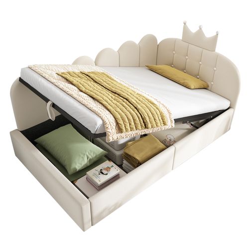Lit Coffre Enfant 90x190 Cm En Velours Beige, Design Couronne Et Grille, Sommier Inclus