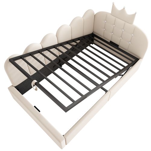 Lit Coffre Enfant 90x190 Cm En Velours Beige, Design Couronne Et Grille, Sommier Inclus