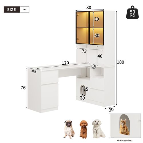 Bureau D'angle 120x80x180cm Avec Vitrine LED, Gestion Des Câbles, 3 Tiroirs, 4 Portes, Mdf, Blanc