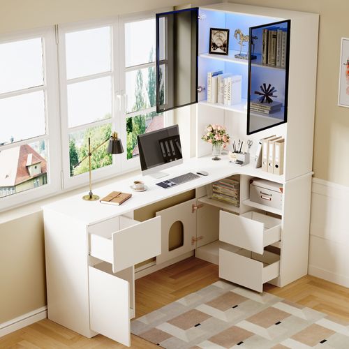 Bureau D'angle 120x80x180cm Avec Vitrine LED, Gestion Des Câbles, 3 Tiroirs, 4 Portes, Mdf, Blanc
