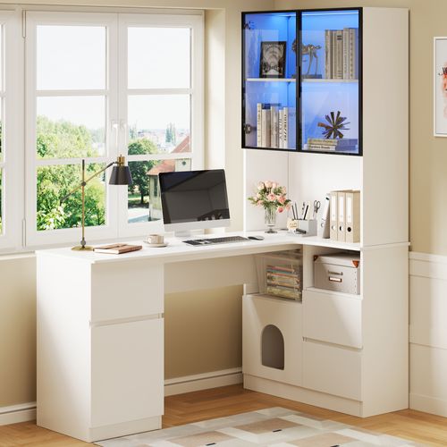 Bureau D'angle 120x80x180cm Avec Vitrine LED, Gestion Des Câbles, 3 Tiroirs, 4 Portes, Mdf, Blanc