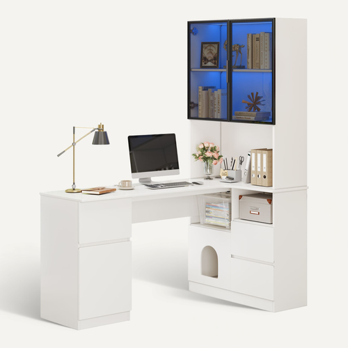 Bureau D'angle 120x80x180cm Avec Vitrine LED, Gestion Des Câbles, 3 Tiroirs, 4 Portes, Mdf, Blanc