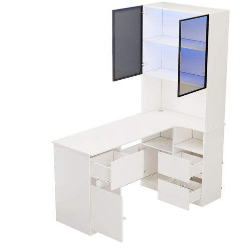 Bureau D'angle 120x80x180cm Avec Vitrine LED, Gestion Des Câbles, 3 Tiroirs, 4 Portes, Mdf, Blanc