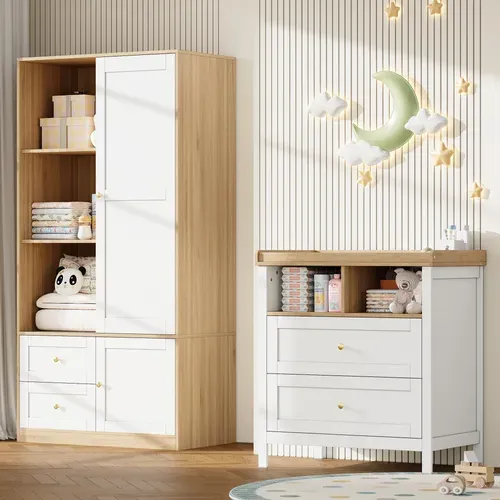 Ensemble Meuble Bébé : Armoire à Portes Coulissantes + Table à Langer, Blanc Et Bois