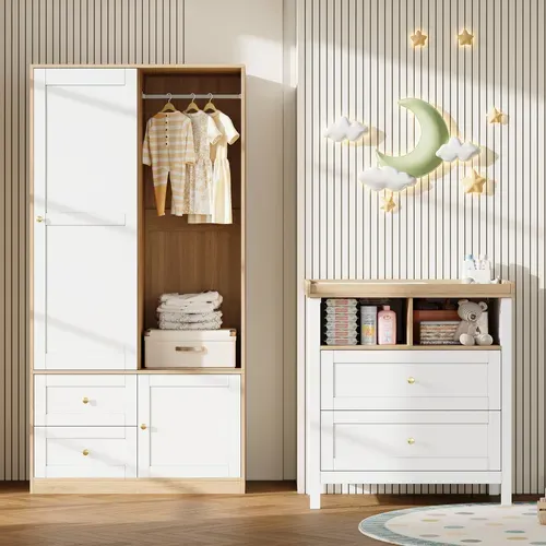 Ensemble Meuble Bébé : Armoire à Portes Coulissantes + Table à Langer, Blanc Et Bois