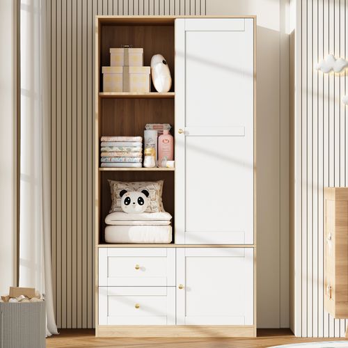 Armoire à Portes Coulissantes 90x50x180cm, Avec Tringle à Vêtements Et 2 Tiroirs, Mdf, Blanc + Bois