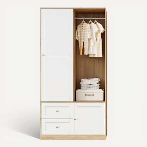 Armoire à Portes Coulissantes 90x50x180cm, Avec Tringle à Vêtements Et 2 Tiroirs, Mdf, Blanc + Bois