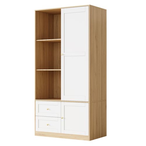 Armoire à Portes Coulissantes 90x50x180cm, Avec Tringle à Vêtements Et 2 Tiroirs, Mdf, Blanc + Bois