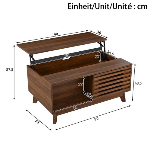 Table Basse 90x55x57.5cm, Avec Plateau Relevable Et Porte Persienne Coulissante, Mdf, Noyer