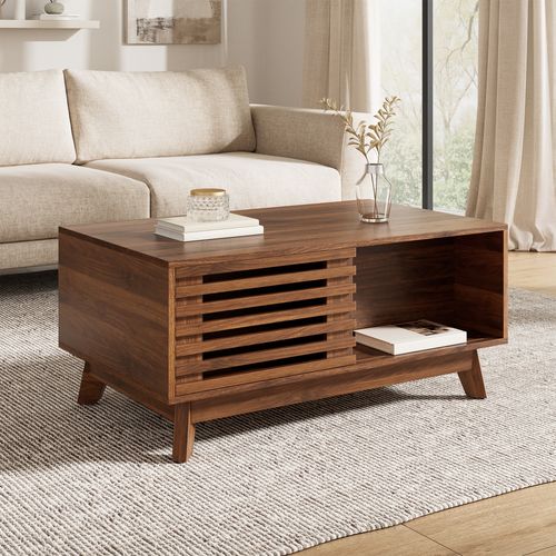 Table Basse 90x55x57.5cm, Avec Plateau Relevable Et Porte Persienne Coulissante, Mdf, Noyer