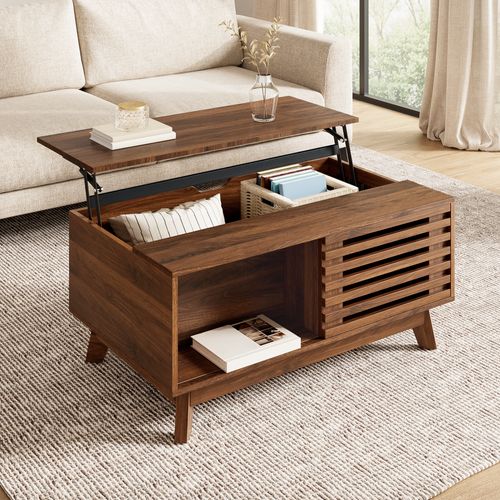 Table Basse 90x55x57.5cm, Avec Plateau Relevable Et Porte Persienne Coulissante, Mdf, Noyer