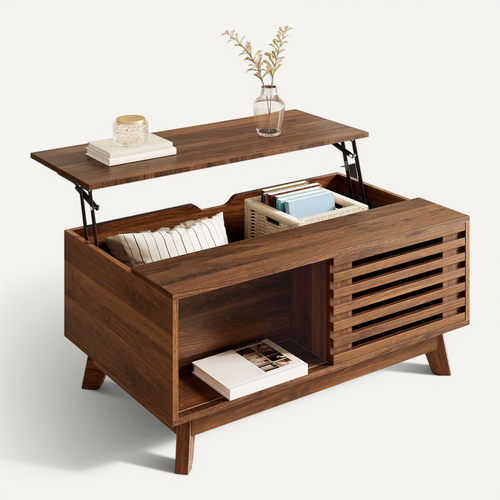 Table Basse 90x55x57.5cm, Avec Plateau Relevable Et Porte Persienne Coulissante, Mdf, Noyer