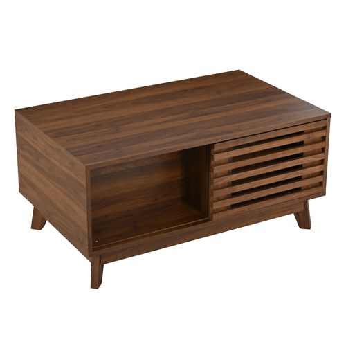 Table Basse 90x55x57.5cm, Avec Plateau Relevable Et Porte Persienne Coulissante, Mdf, Noyer