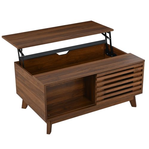 Table Basse 90x55x57.5cm, Avec Plateau Relevable Et Porte Persienne Coulissante, Mdf, Noyer