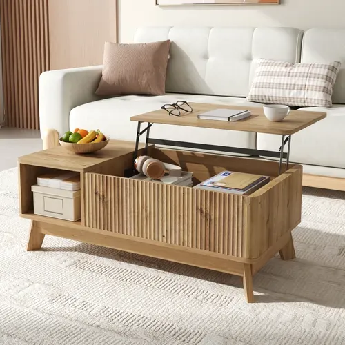 Table Basse 95x48x50cm, Avec Plateau Relevable Et Design Ondulé 3d, Niche Ouvert, Mdf, Naturel