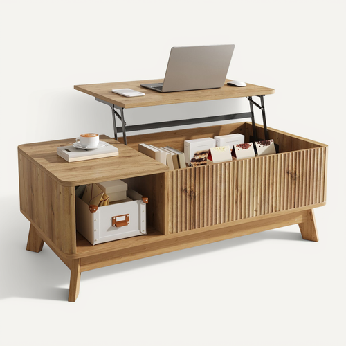 Table Basse 95x48x50cm, Avec Plateau Relevable Et Design Ondulé 3d, Niche Ouvert, Mdf, Naturel