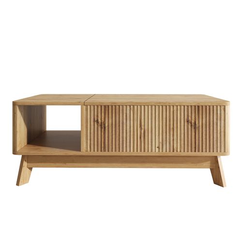 Table Basse 95x48x50cm, Avec Plateau Relevable Et Design Ondulé 3d, Niche Ouvert, Mdf, Naturel
