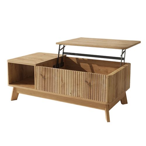 Table Basse 95x48x50cm, Avec Plateau Relevable Et Design Ondulé 3d, Niche Ouvert, Mdf, Naturel