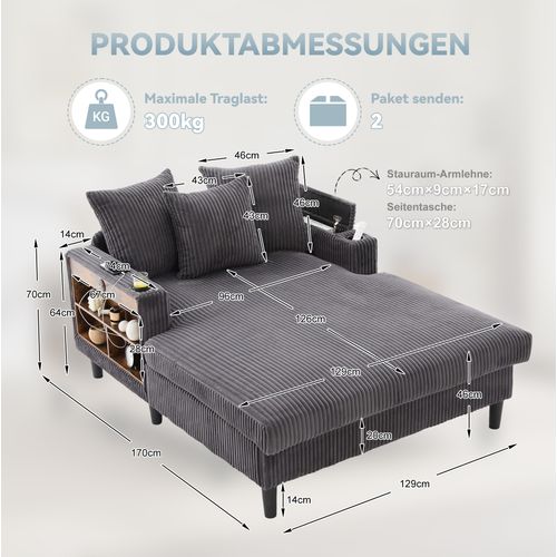 Méridienne 2 Places 129x170x70 Cm Avec Poche Latérale, LED, USB, En Velours Côtelé, Gris Foncé