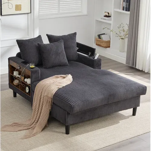 Méridienne 2 Places 129x170x70 Cm Avec Poche Latérale, LED, USB, En Velours Côtelé, Gris Foncé