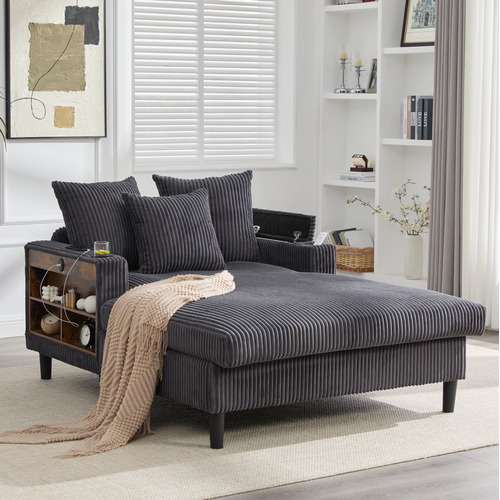 Méridienne 2 Places 129x170x70 Cm Avec Poche Latérale, LED, USB, En Velours Côtelé, Gris Foncé