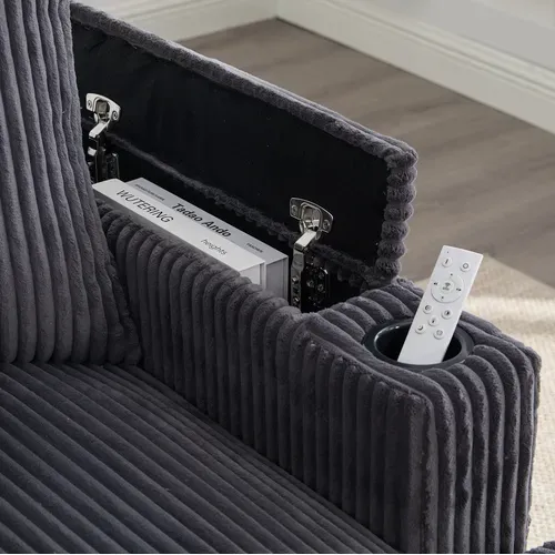 Méridienne 2 Places 129x170x70 Cm Avec Poche Latérale, LED, USB, En Velours Côtelé, Gris Foncé