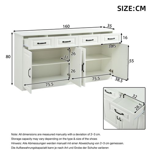 Buffet 160x35x80cm, Avec 4 Tiroirs + 4 Portes, Design Cannelé, 8 Poignées En Métal, Mdf, Blanc