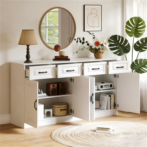 Buffet 160x35x80cm, Avec 4 Tiroirs + 4 Portes, Design Cannelé, 8 Poignées En Métal, Mdf, Blanc