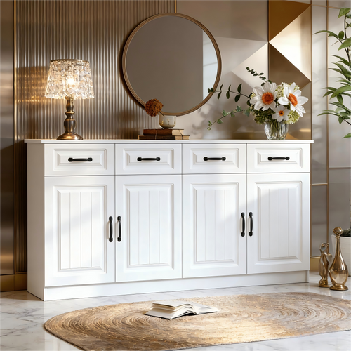 Buffet 160x35x80cm, Avec 4 Tiroirs + 4 Portes, Design Cannelé, 8 Poignées En Métal, Mdf, Blanc