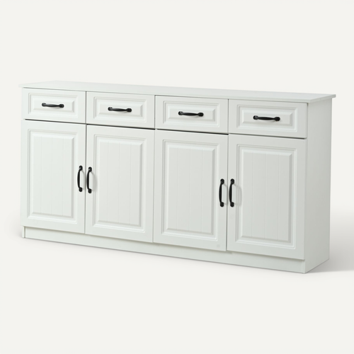Buffet 160x35x80cm, Avec 4 Tiroirs + 4 Portes, Design Cannelé, 8 Poignées En Métal, Mdf, Blanc