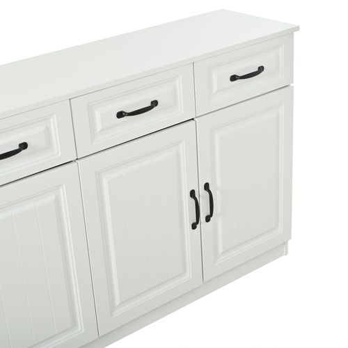 Buffet 160x35x80cm, Avec 4 Tiroirs + 4 Portes, Design Cannelé, 8 Poignées En Métal, Mdf, Blanc
