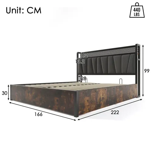 Ensemble Lit Coffre 160x200 Cm Et Matelas Mousse, Charge USB Et éclairage LED, Lin, Gris