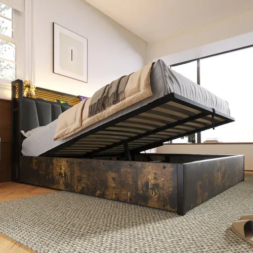 Ensemble Lit Coffre 160x200 Cm Et Matelas Mousse, Charge USB Et éclairage LED, Lin, Gris