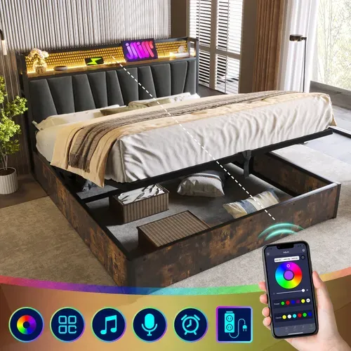 Ensemble Lit Coffre 160x200 Cm Et Matelas Mousse, Charge USB Et éclairage LED, Lin, Gris