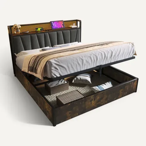 Ensemble Lit Coffre 160x200 Cm Et Matelas Mousse, Charge USB Et éclairage LED, Lin, Gris