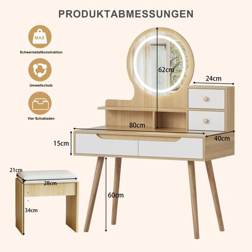 Coiffeuse Avec Miroir LED, 2 Tiroirs, 2 Portes, Tabouret, 80x40x137cm, En Mdf, Couleur Bois